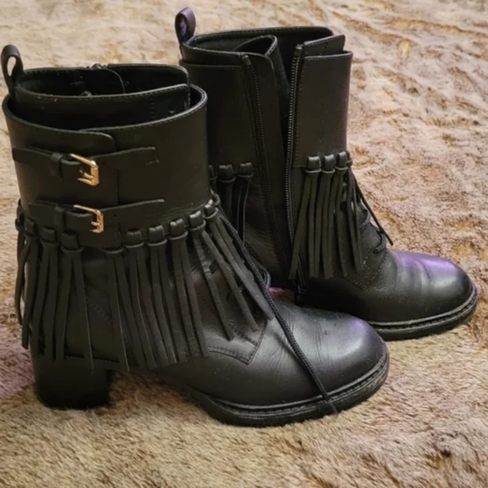 $1,895 Valentino Leather Fringe Combat Boot
